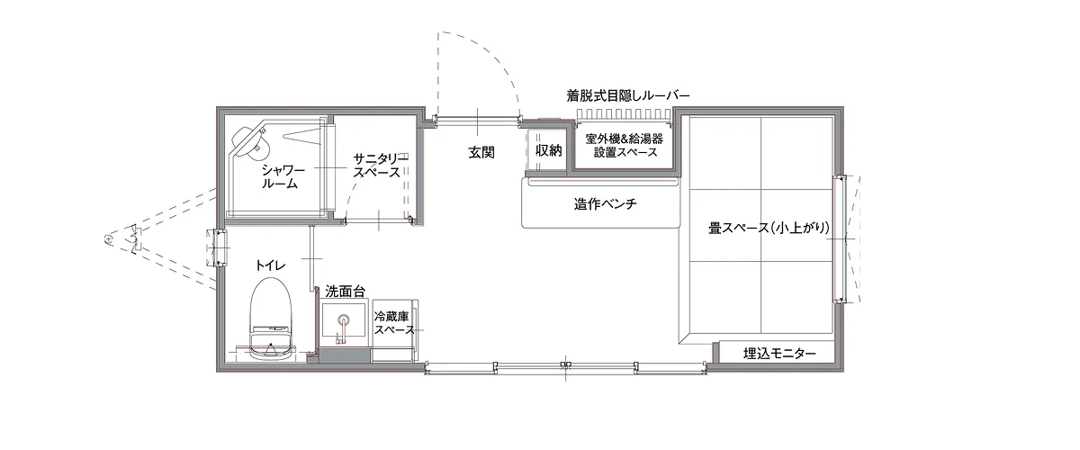 画像:宿泊施設タイプのトレーラーハウス間取り図
