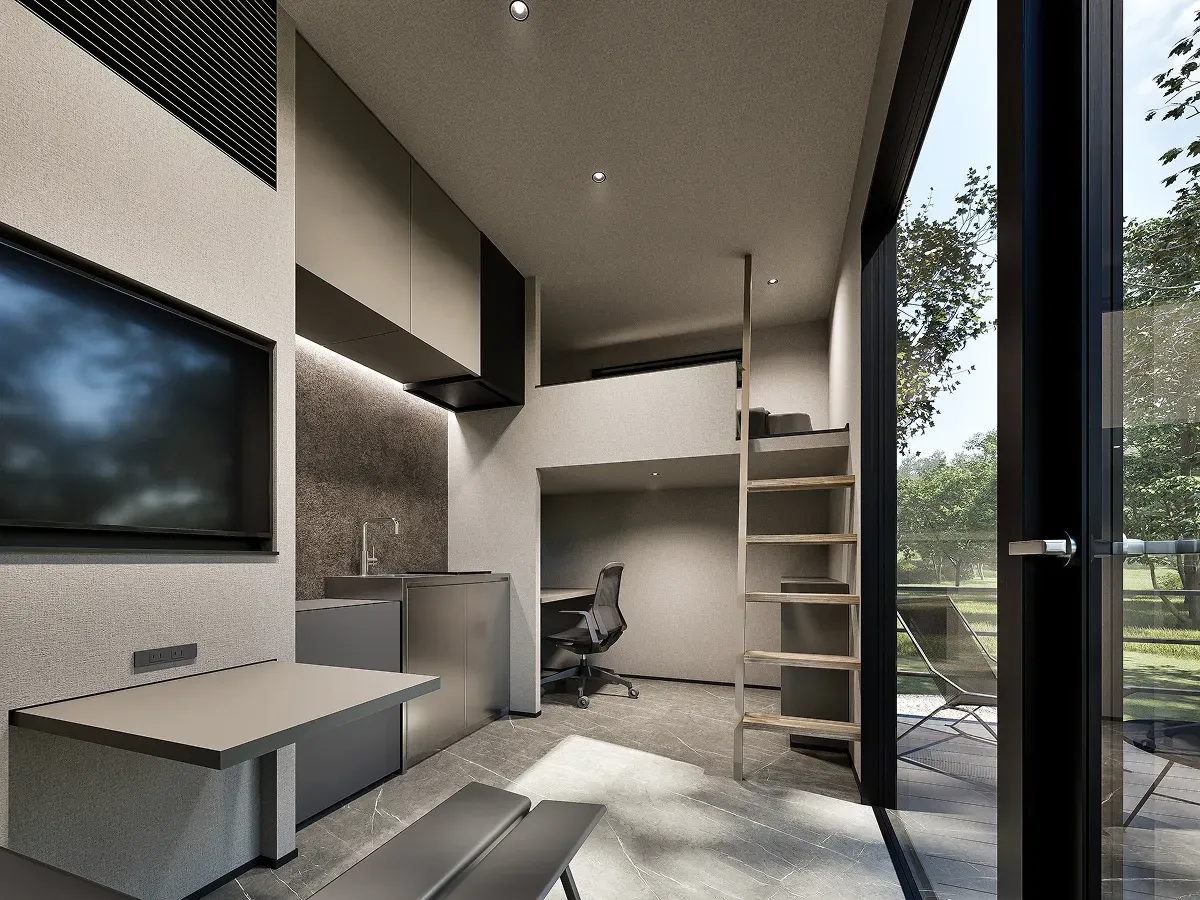 画像:住居タイプのトレーラーハウスCG図