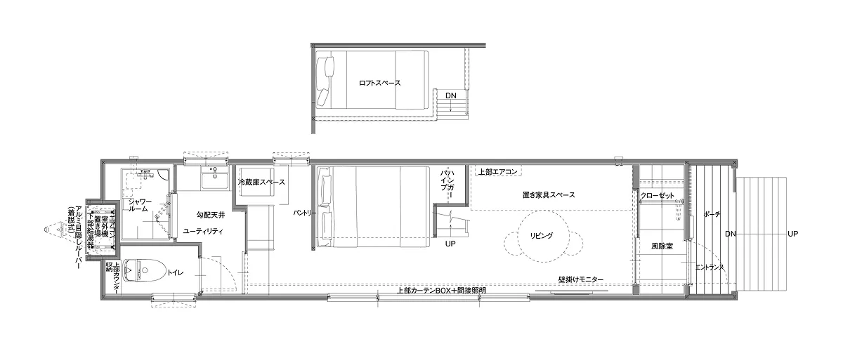 画像:別荘タイプのトレーラーハウス間取り図