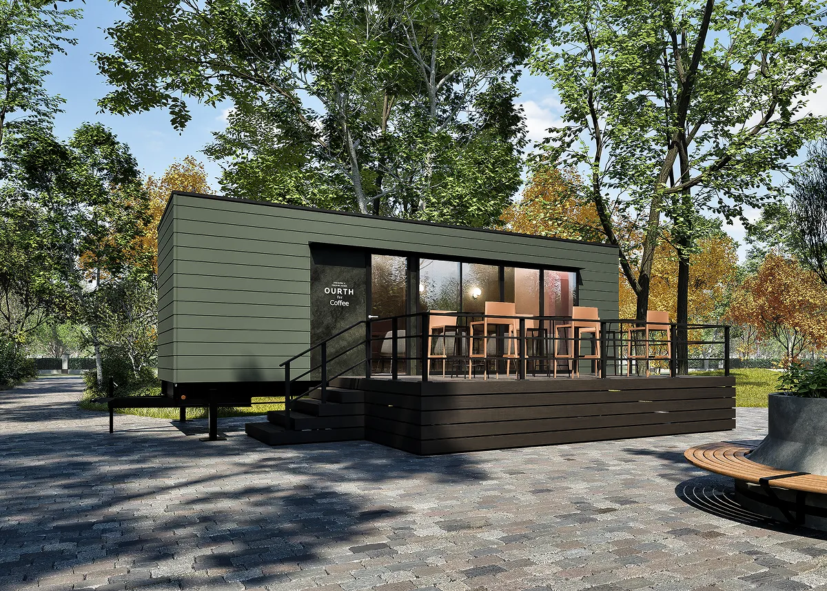 画像：飲食店タイプのトレーラーハウスCG図